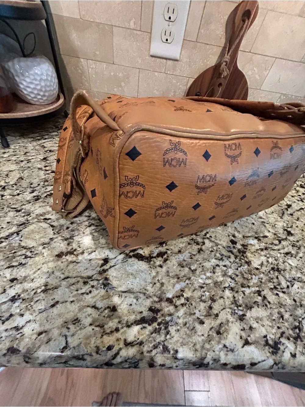 MCM Cognac Visetos Backpack Large with mcm bone bag charm and coa card.
